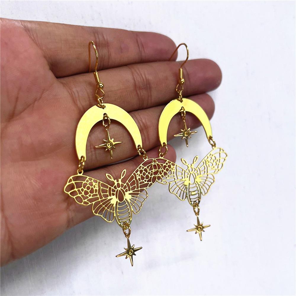 Exaggerate Retro Gold Color Stars Moon Hollowed-out Moth Pendant Stainless Steel Dangle Earrings for Women Charms Jewelry Gifts
