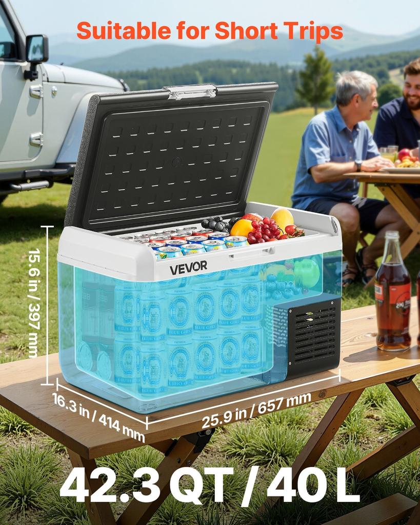 12 Volt Car Refrigerator, 40L Car Fridge, Portable Electric Cooler with -20 to 20 Adjustable Temperature, 12/24V DC and 100- 240V AC Compressor