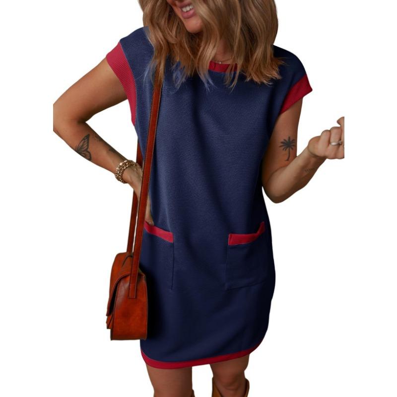 Damen Farbblock Kurzarm Pullover Tasche A-Linie T-Shirt Kleid