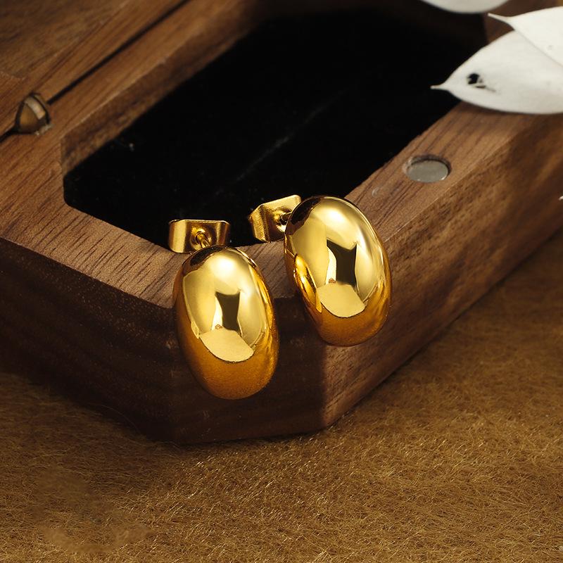 Vintage Hong Kong-Style Metal Bean Stud Earrings - High-End, Lightweight Stainless Steel, Fade-Resistant, Versatile for Women