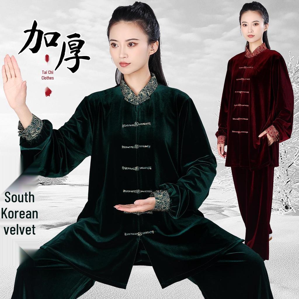 Abbigliamento di alta gamma coreano in velluto per la pratica del Tai Chi da donna con colletto a nuvola propiziatoria - Uniforme per arti marziali per performance autunnali/invernali