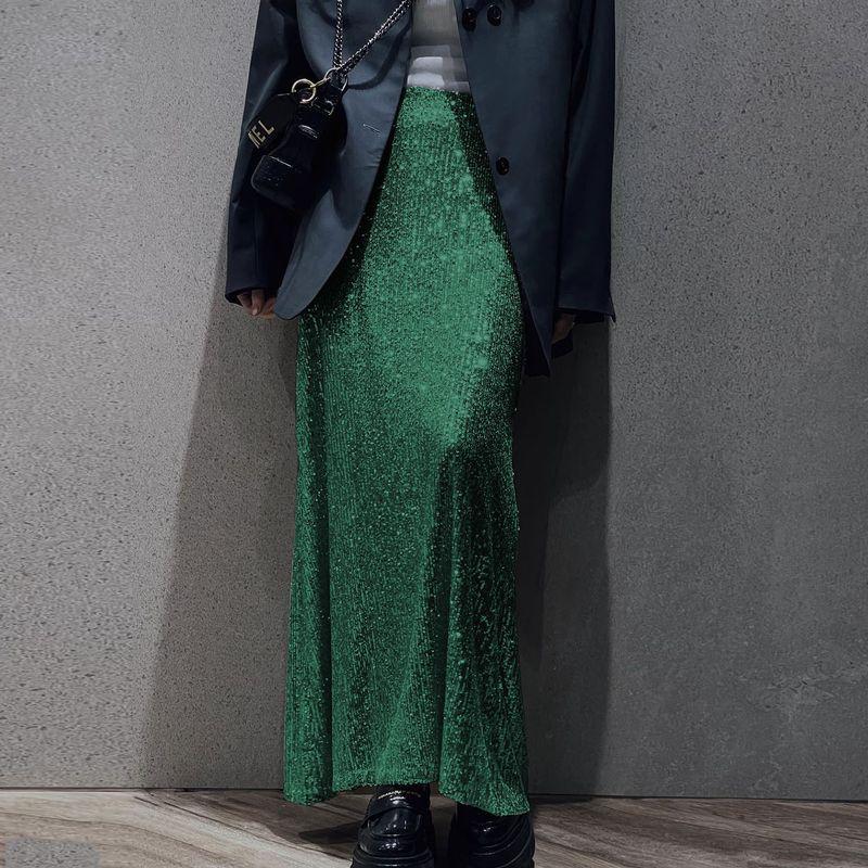 

2024 Women s Turtleneck Long Sleeves Back Zipper Sequin Tops Bag Hip Back Slit Straight-leg Half-Length Dress Sequin Dark green overskirt XXXL