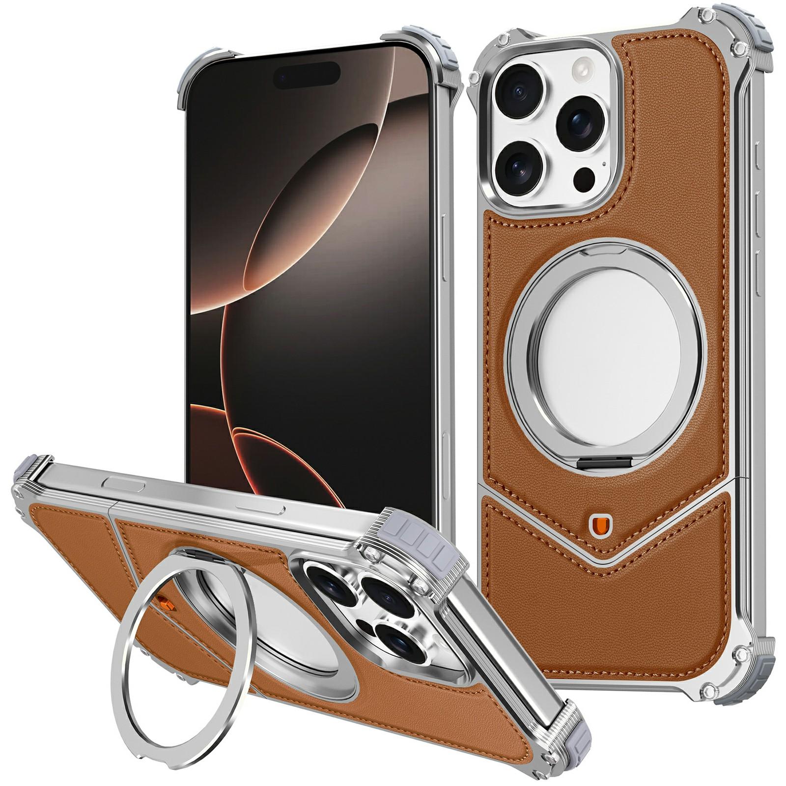 

For iPhone 16 Pro Case PU Covered Metal Boardless Phone Back Cover with Kickstand Brown