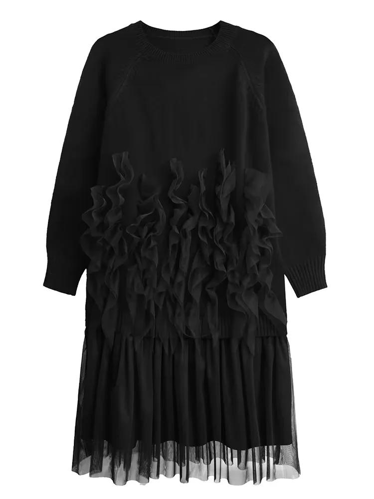 Xitao Patchwork Mesh Falten O-Ausschnitt Einfarbig Damen Kleid GMM1115