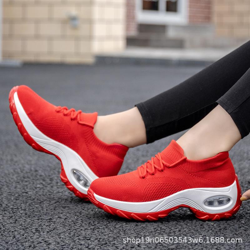 2025 New Fly-woven Sports Shoes Rocking Shoes Large Size Trendy Women's Shoes Lace-up Air Cushion Casual Shoes Socks Shoes