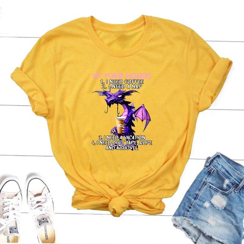 

Футболка «Мои четыре настроения» Забавная женская футболка «Дракон-любитель кофе» Футболка с короткими рукавами «Мне нужен отпуск» Повседневная хлопковая одежда Kawaii унисекс 4XL