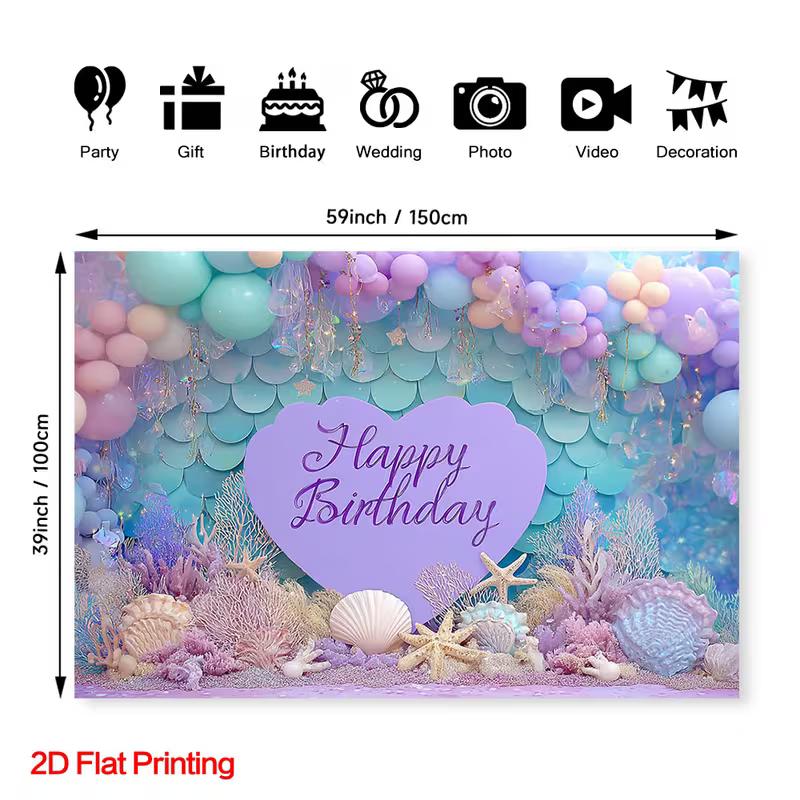 2D Underwater Mermaid Birthday Photography Backdrop Kids Party Decoration Background Cloth