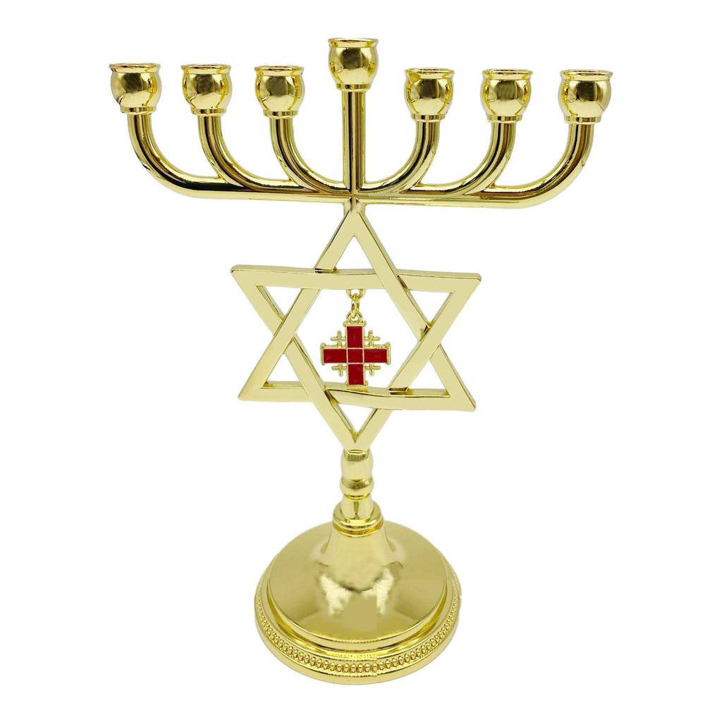 7 Branch Metal Menorah with Cross Pendant Vintage Hanukkah Candlestick Star of David Jewish Candle Holder Stand Ornament
