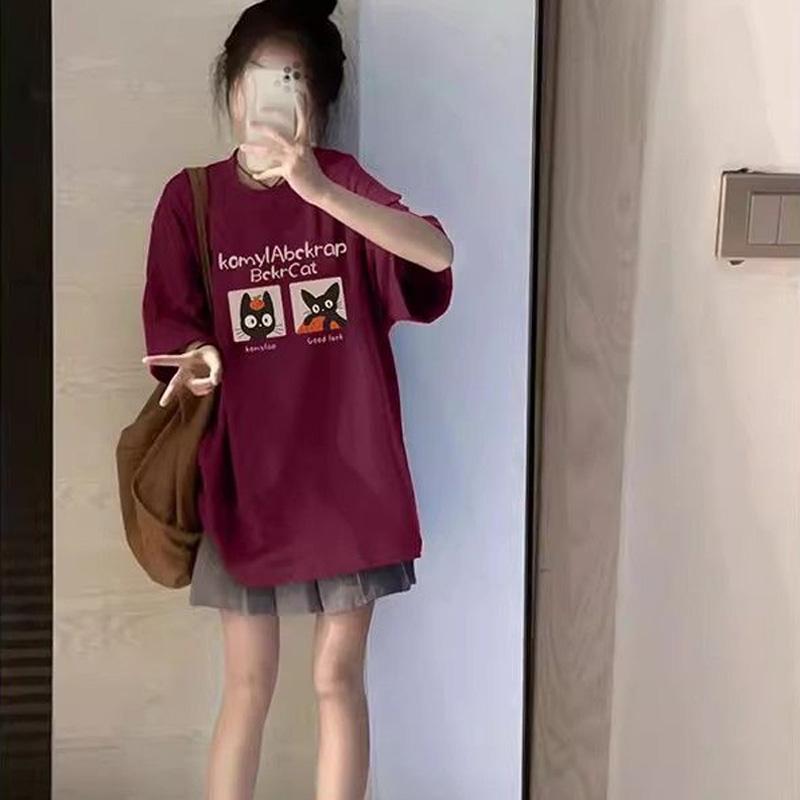 2025 Summer 100% cotton Casual oversized T Shirt Women's Streetwear Harajuku funny cartoon print Short Sleeve T-shirts for Women black white Y2k Tops