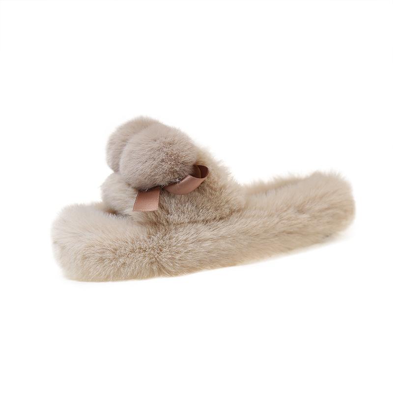 

Hairball thick-soled cotton slippers for women s wear new autumn and winter 2025 warm home solid color one-word fluffy slippers 40