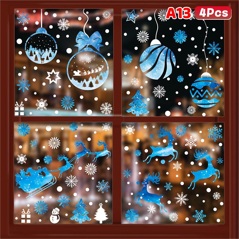 Weihnachtsfensteraufkleber Blauer Elch Statische Aufkleber Schneemann Schneeflocke Wandaufkleber Abziehbilder Frohe Weihnachten Feiertagsparty Aufkleber