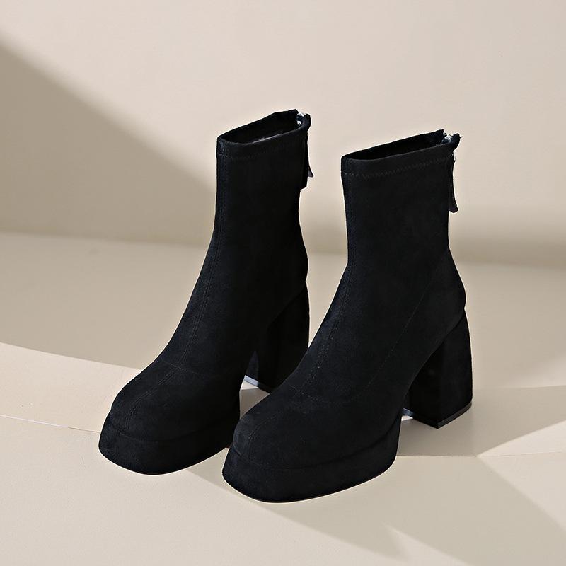 Suede Skinny Boots Women's Winter Fleece Thickened Short Cotton Boots Thick High Heel and Bare Martin Boots