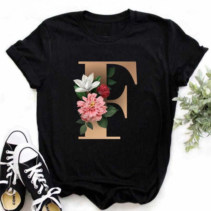 A B C D E Druck T-Shirt für Damen Neues Sommer Paare Liebhaber Damen T-Shirt Harajuku Lässig Schwarze Oberteile T-Shirts