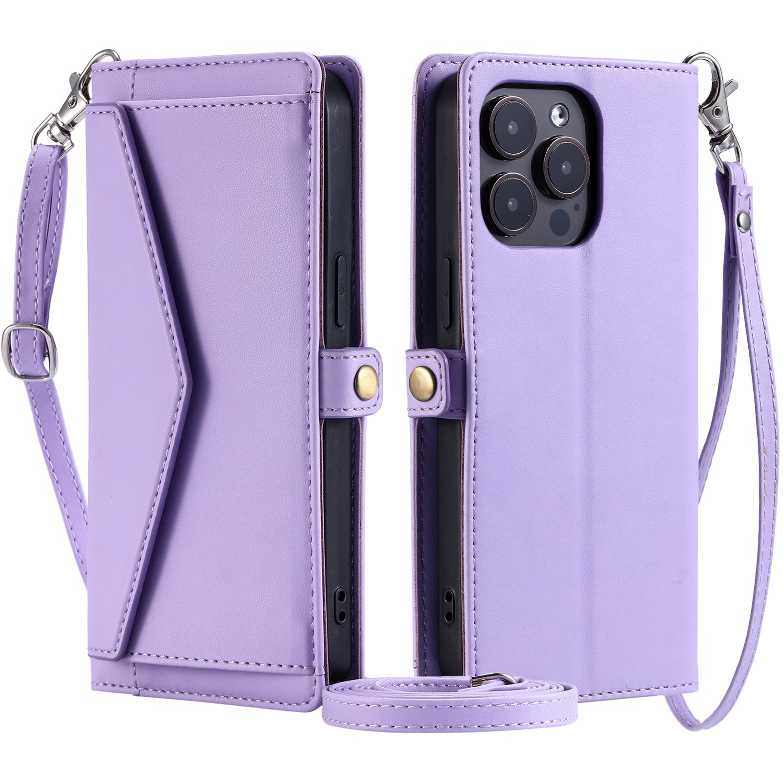 

For iPhone 16 Pro Leather Case Wallet Stand Phone Cover with Straps Purple