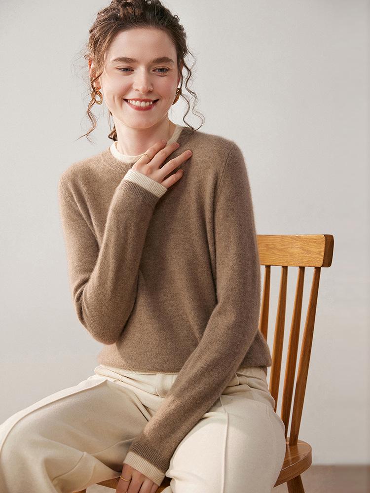 Women's Stylish Color-Block Cashmere Round-Neck Slimming Sweater - Versatile Two-Piece Look