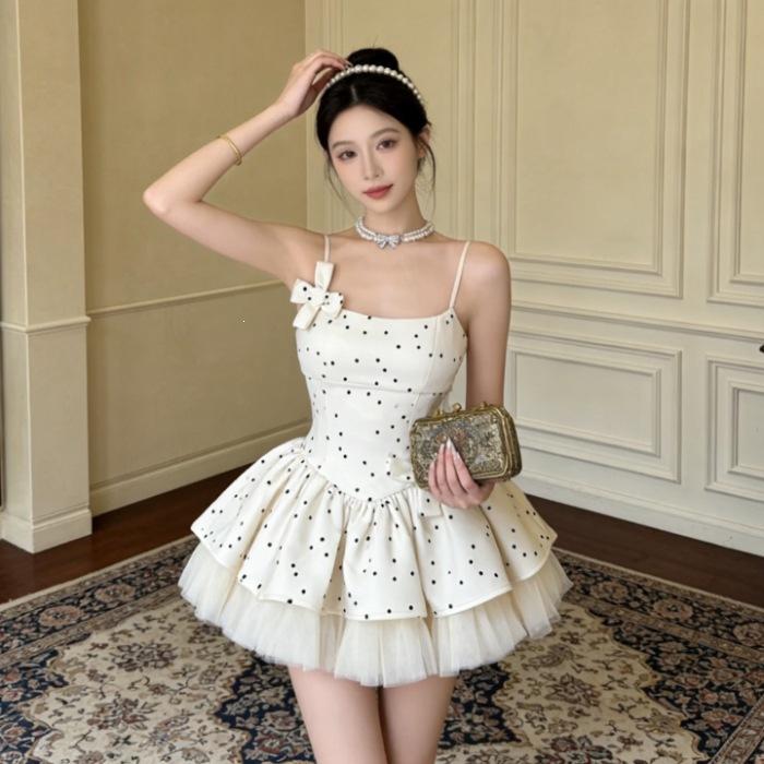 Korean Temperament Daughter Style Slim Polka Dot Dress New Sexy Pure Desire Style Bow Show Thin Short Skirt Women