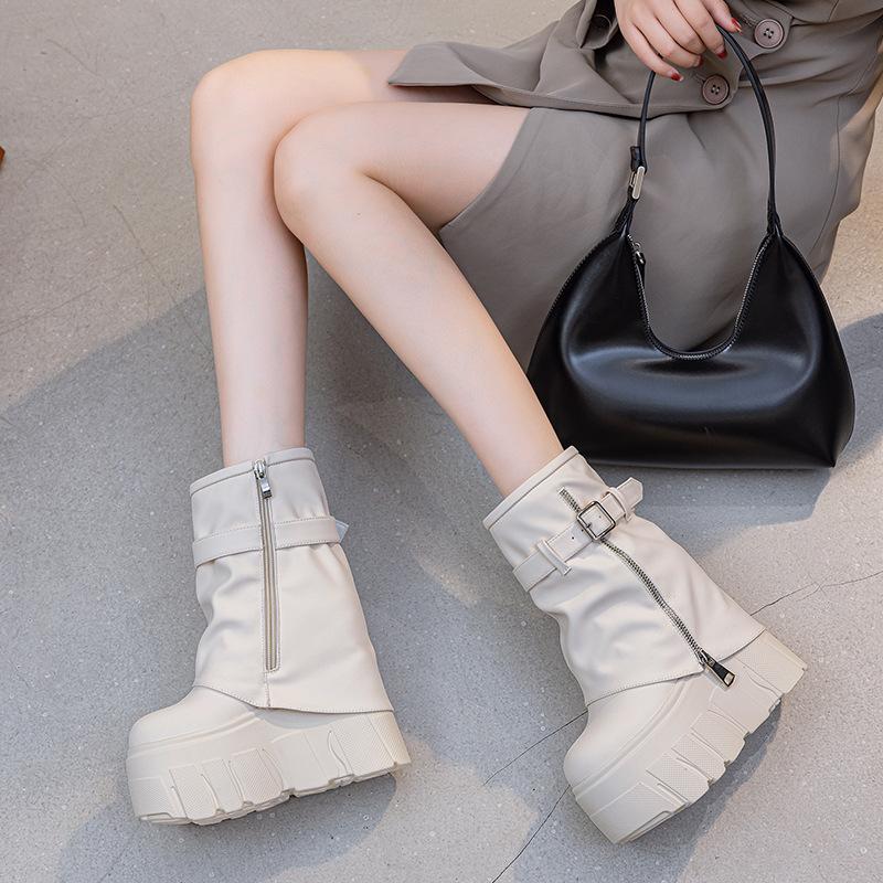 Boots women's short boots 2025 new thick-soled inner height-increasing stacking boots round head pants tube boots belt buckle niche design sense