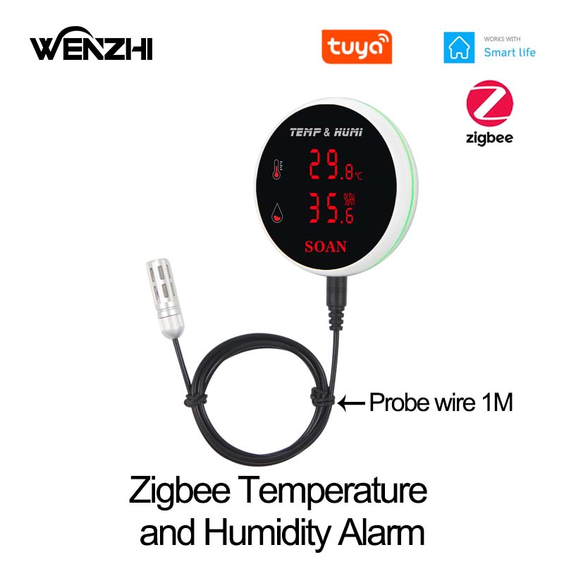 

ZigBee Temperature And Humidity Sensor Alarm Digital Thermometer Tuya Smart Life App Remote Control Home Automation Residential SNT857Z Probe 1M