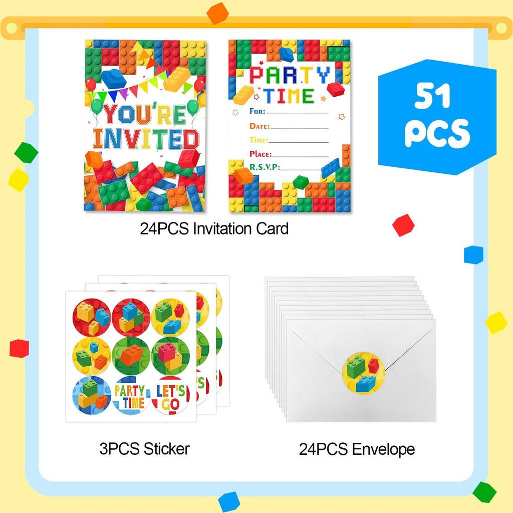 Building Blocks Birthday Party Invitations, Brick Party Invitation Card Building Birthday Invites with Stickers Envelopes Birthday Invites