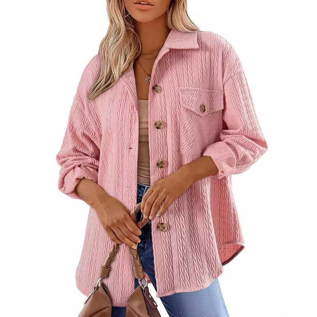 2024 Women's Autumn & Winter Loose Lapel Pocket Button Coat - Solid Color, Long Sleeve