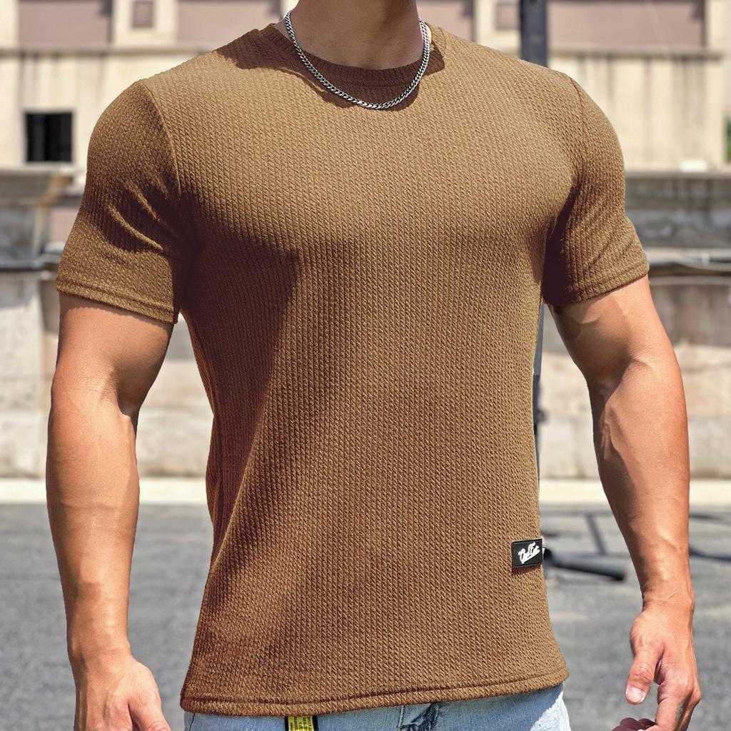 Men's Summer Trendy Pullover Crew Neck T-Shirt Solid Sports Fitness Short-Sleeve Top