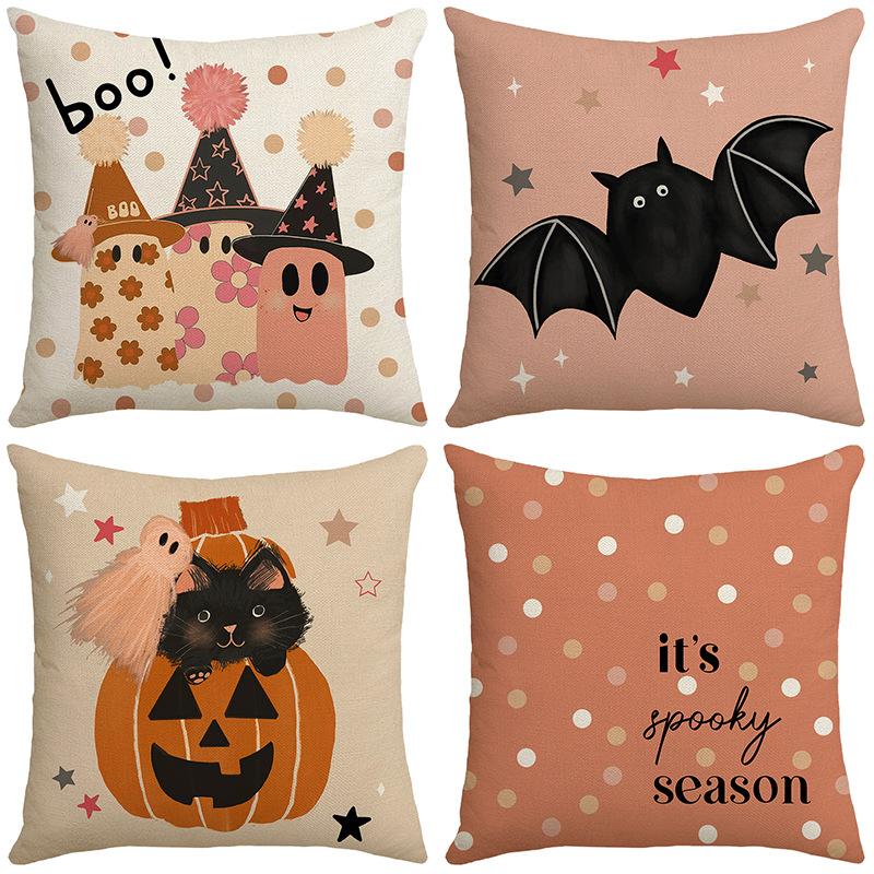 New Halloween Pillow for Living Room Sofa Bedroom Pumpkin Bat Linen Print Pillow