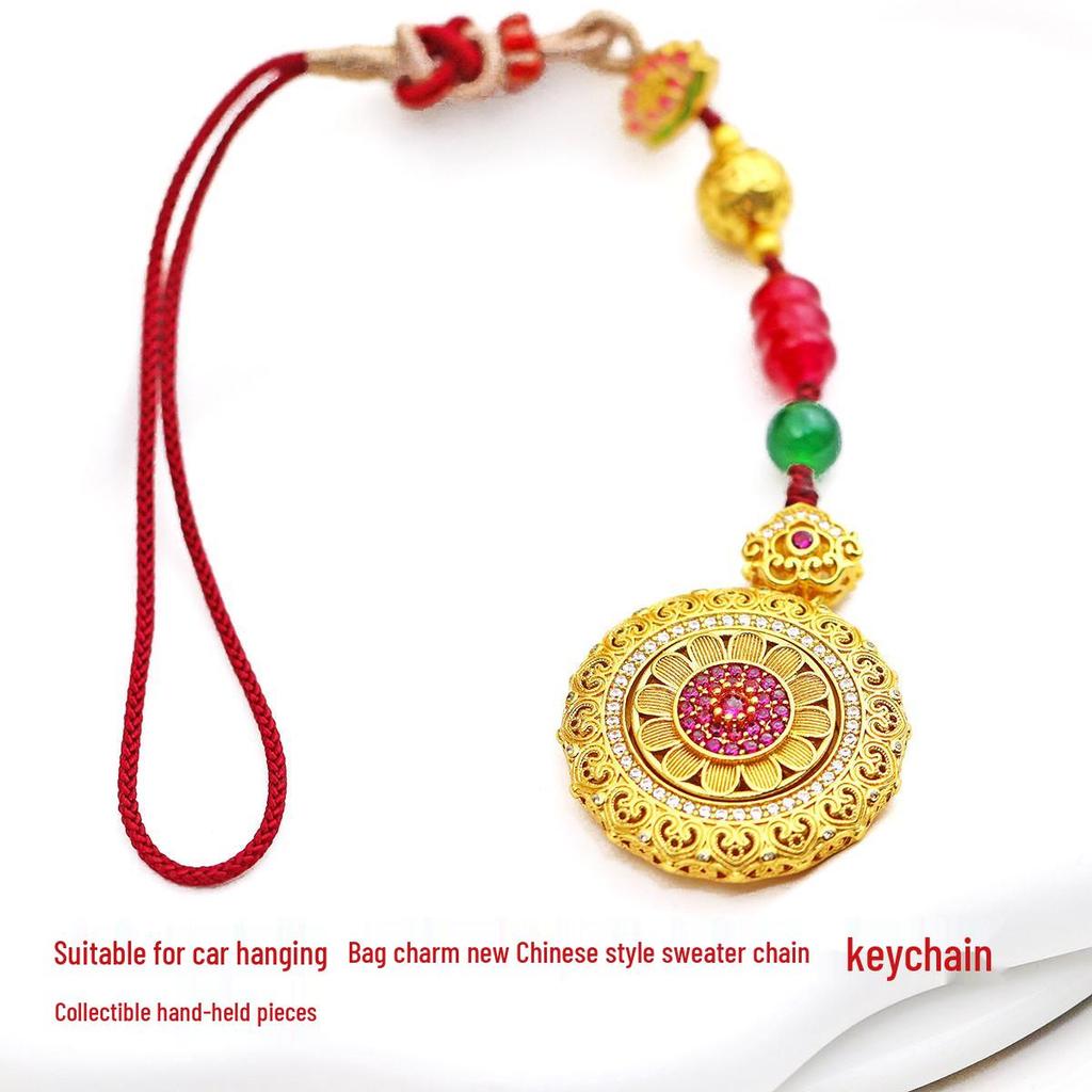 Chinese Style Gold & Zircon Sunflower Compass Necklace/Keychain Accessory