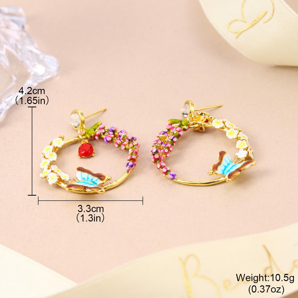 Fashion Enamel Colored Wreath Exquisite Flower Earrings Dripping Oil Color Sweet Spring and Summer Butterfly Temperament Silver Needle Earrings
