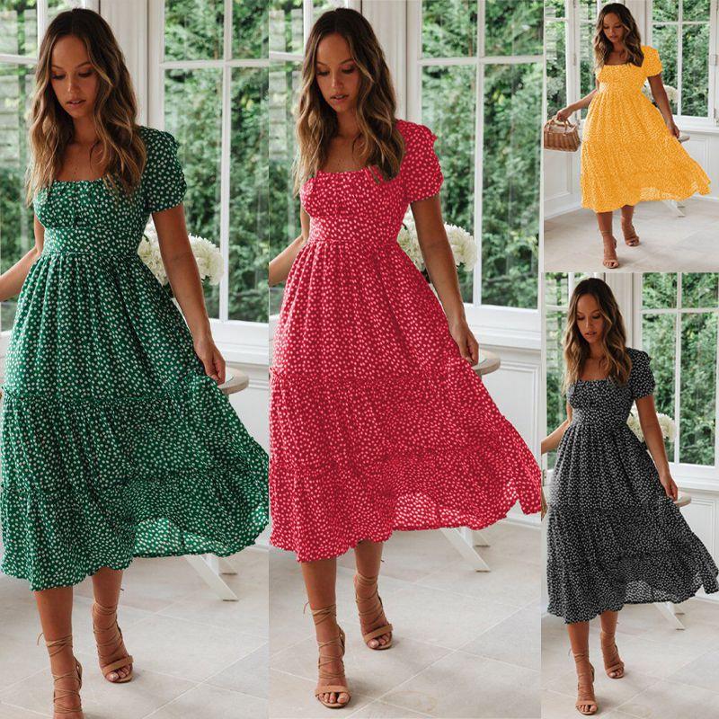 Elegant Women Polka Dot Boho Ruffle Maxi Beach Dress With Square Neckline
