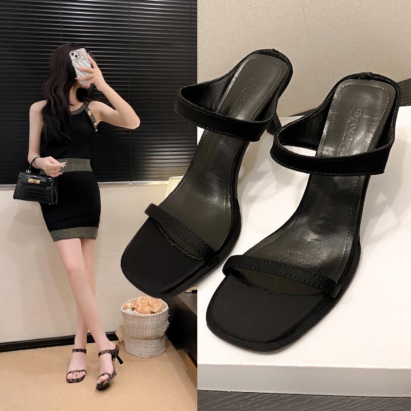 French new square head open-toe word with back empty solid color casual versatile one-pedal stiletto women's high-heeled cool slippers