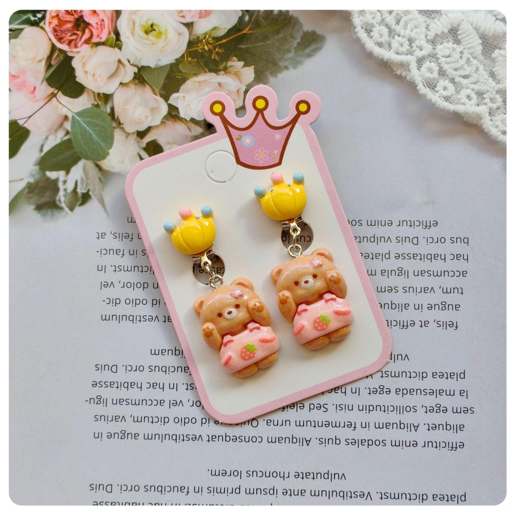 Children's Cartoon Colorful Crown & Animal Ear Clip Earrings