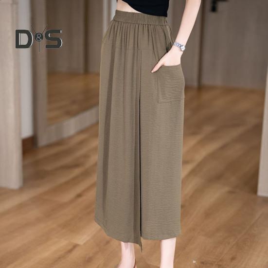 Dámské letní kalhoty elastické s vysokým pasem široké nohavice dlouhé kalhoty jednobarevné rozparkované manžety volný střih sukně kalhoty denní nošení