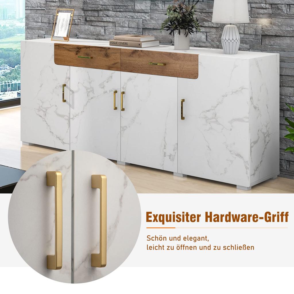 Sideboard Modern Buffet 4 Doors 2 Drawers, Storage Cabinet Ample Storage Space, Buffets Dining Room Living Room Kitchen, White, 208 X 39.5 X 80 Cm