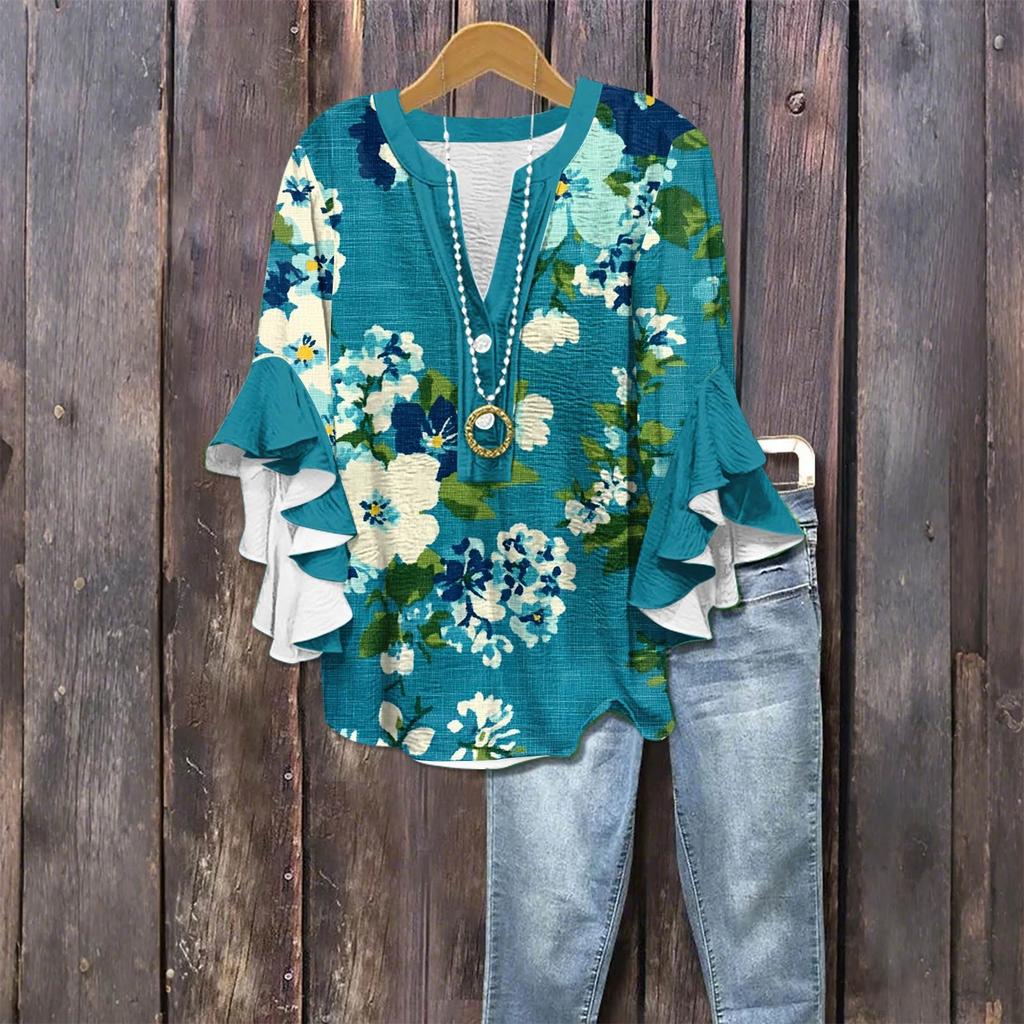 Women's Fashion Casual Button V-Neck Seven Sleeve Vintage Printed Shirt Top