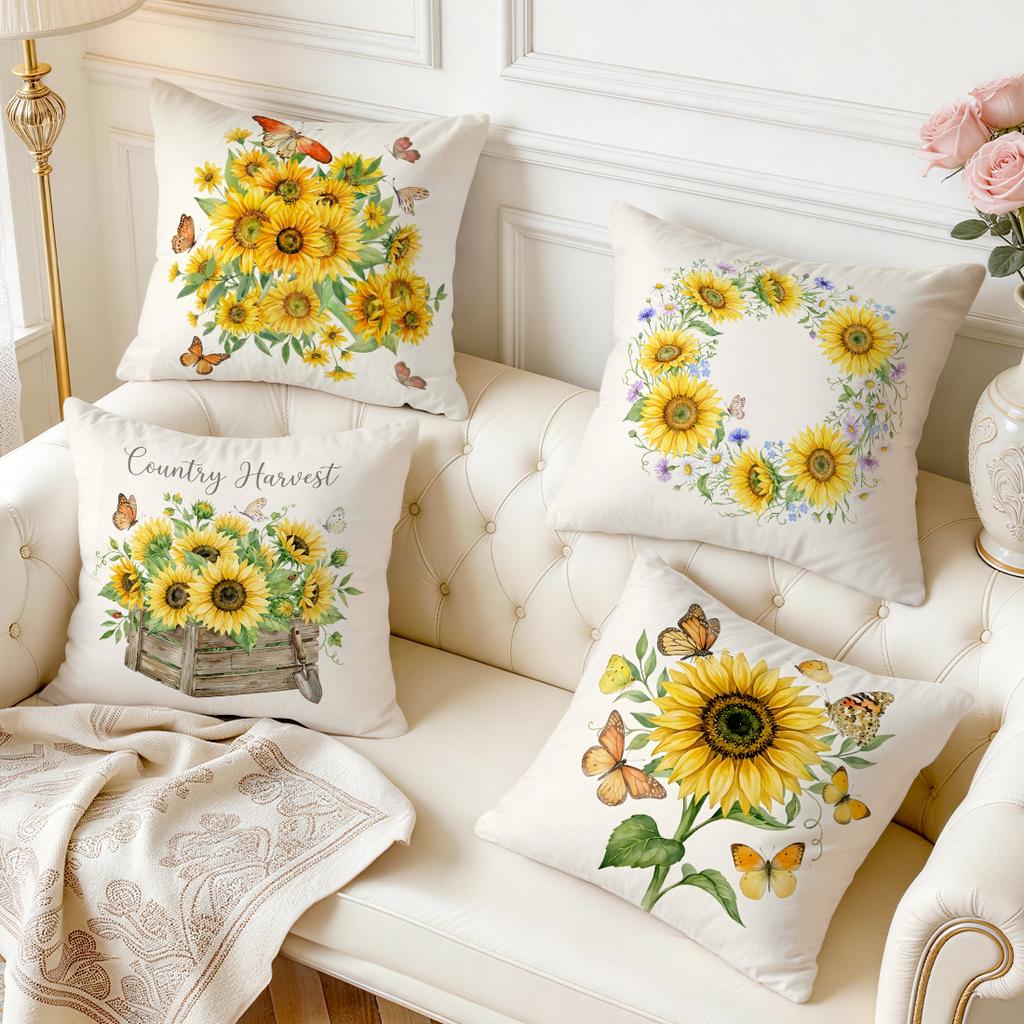 Sunflower Butterfly Pastoral Pattern Cushions Pillowcase Polyester Cushion Cover Throw Pillow Pillowcover Home Car Sofa Decor