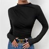 Dames Mock Neck Lange Mouwen Gerimpeld Slim Fit Effen Polyester Gebreid Basic T-shirt Casual Herfst Laagjes Top XS-XXL