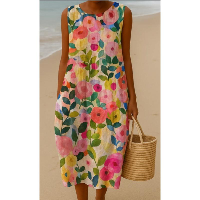 Summer new sleeveless pocket casual printing temperament long dress dress slim dress