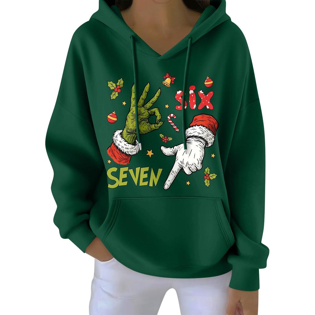 Damenmode Damen Leichter Langarmpullover mit Taschen Preppy Graphic Hoodie