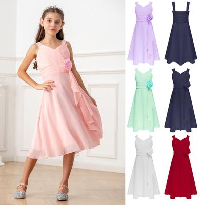 Kids Flower Girls Chiffon Sleeveless Ruched Bodice Wedding Bridesmaid Pageant Party Ball Gown