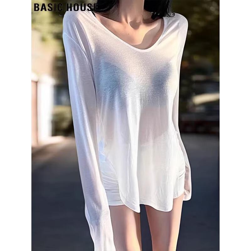 Basic House Women s Sheer V-Neck Long Sleeve Top L