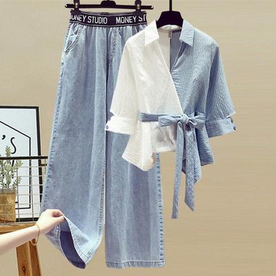 Groot formaat dames zomer casual los shirt en wijde pijpen denim broek 2-delige set