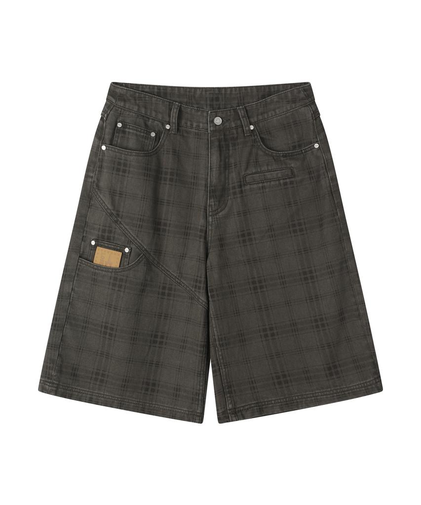Lujeoseukeulleob Pantalon Bermuda en Coton Lavé à Carreaux Kaki