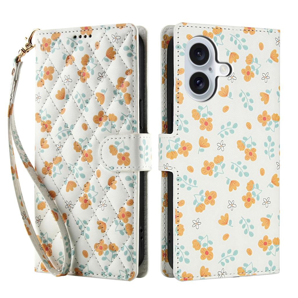 For iPhone 17 Wallet Case Rhombic Floral Design Leather Flip Phone Cover with Strap
