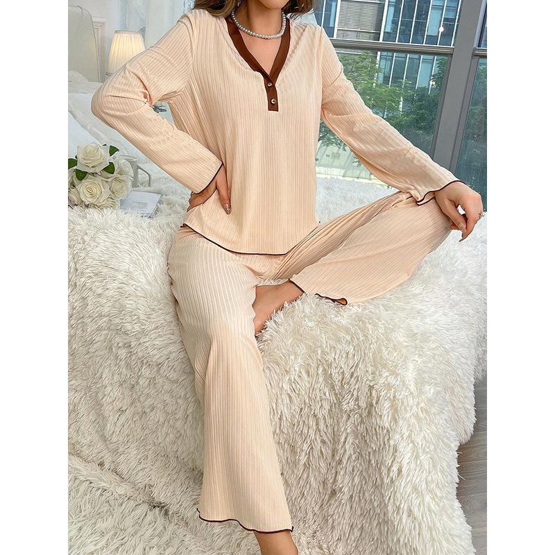 Women's V-Neck Color Block Pajama Set - Long Sleeve & Pants, Comfortable and Stylish, Spring Collection