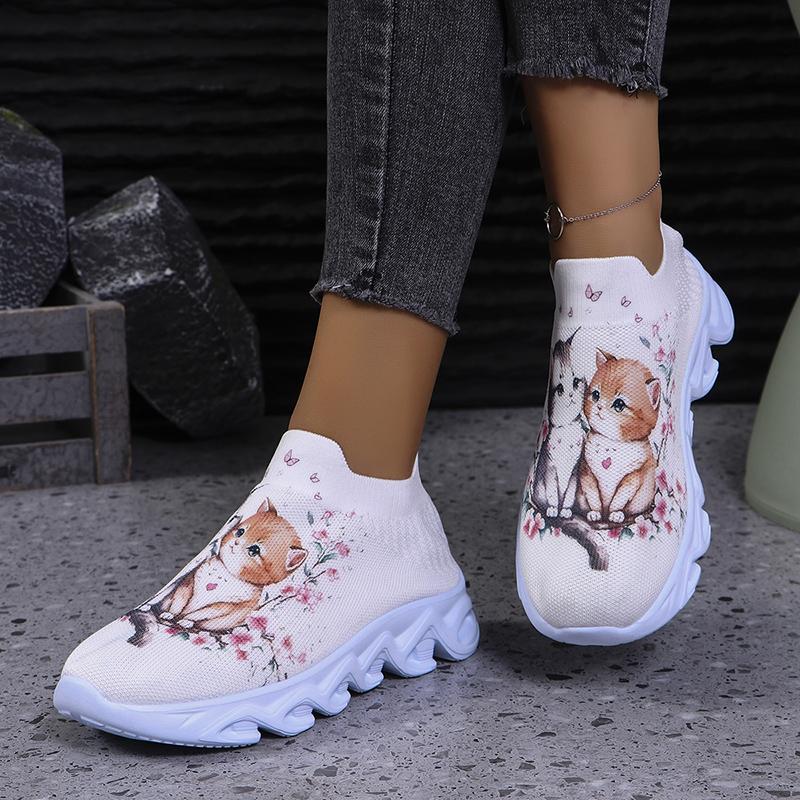Lucyever Cute Cat Printing Flats Shoes Women Autumn Slip On Breathable Mesh Sneakers Woman Plus Size Platform Loafers Ladies 43