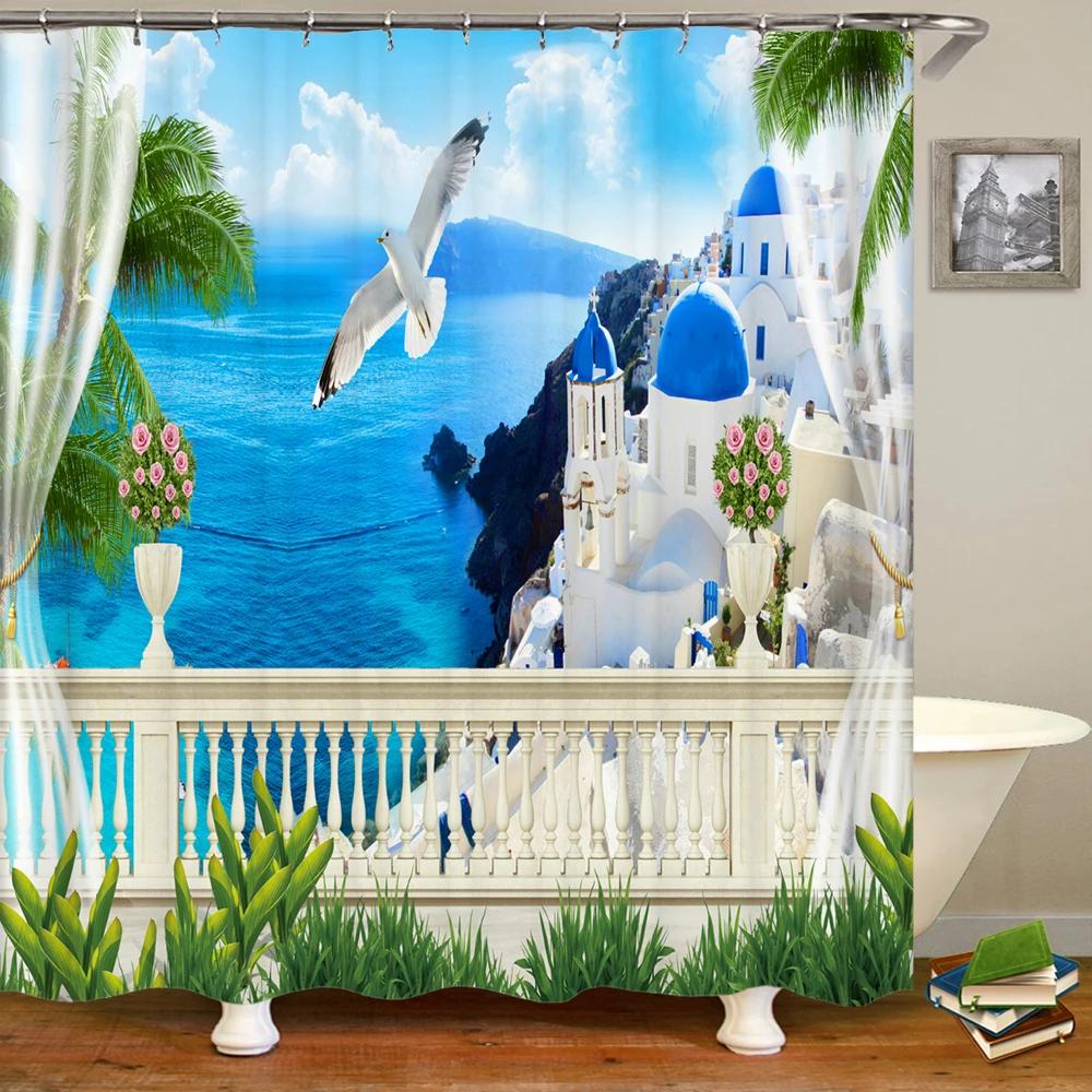 3D window opening scenery beach landscape printing shower curtain washable fabric curtain bathroom decoration with hook curtai