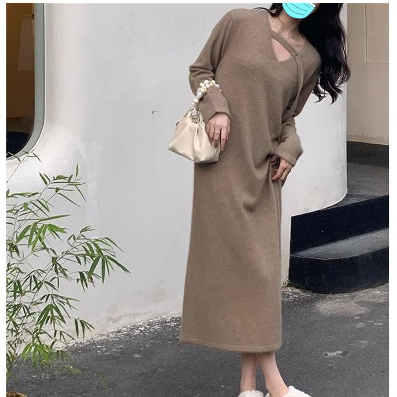 French Knitted Dress Is Thin In Autumn and Winter, with A Long Soft Waxy V-neck Sweater Skirt Jacket with A Base Inside The Waist