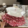 Korean Children's Set Summer Girls' Bow White T-shirt Children's Checkered Cake Skirt Pants Two-piece Set