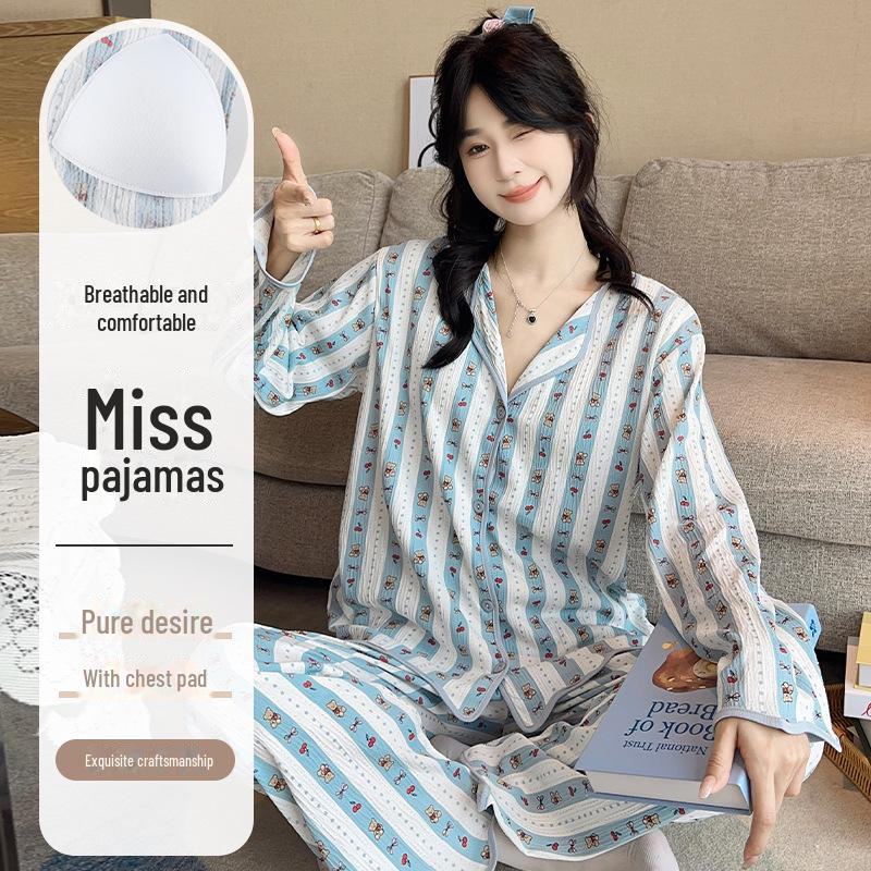 

Милый женский пижамный комплект: Корейский кардиган с длинными рукавами и мятые хлопковые брюки L