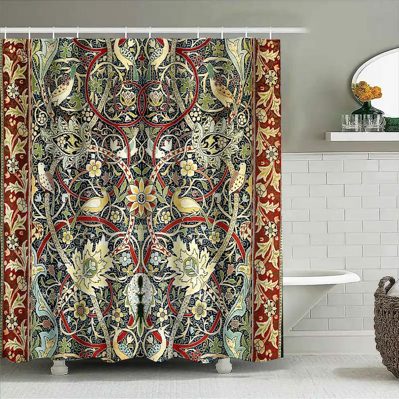 Vintage Floral Shower Curtain Botanical Pattern Bathroom Decor Nature Theme Waterproof Fabric Backdrop Washable Modern Style